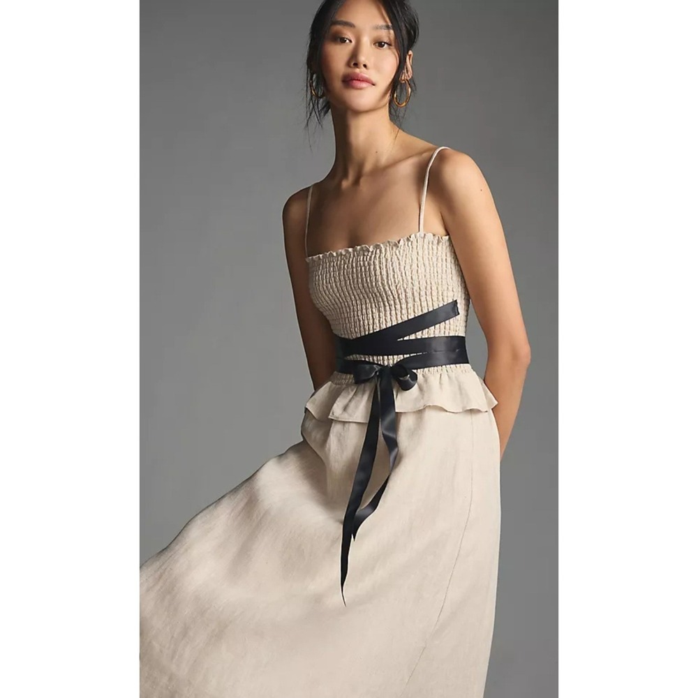 NEW! Reformation Miles 100% Linen Midi Dress Smocked Bodice Oatmeal Womens Large